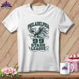 White t-shirt featuring a green eagle graphic and text that reads Philadelphia 99 Stash League.