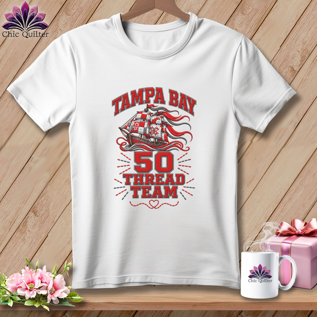 A white t-shirt features a Tampa Bay graphic with a pirate ship, the number 50, and text "THREAD TEAM".
