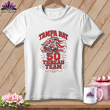 A white t-shirt features a Tampa Bay graphic with a pirate ship, the number 50, and text 