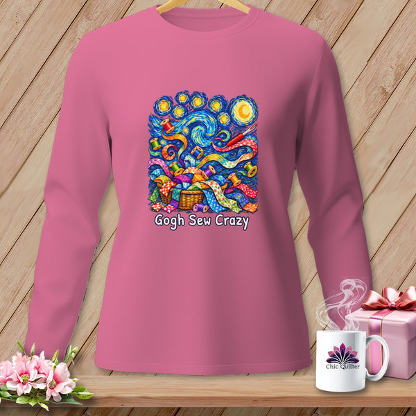 Pink long-sleeve shirt with a "Gogh Sew Crazy" starry night sewing basket graphic.