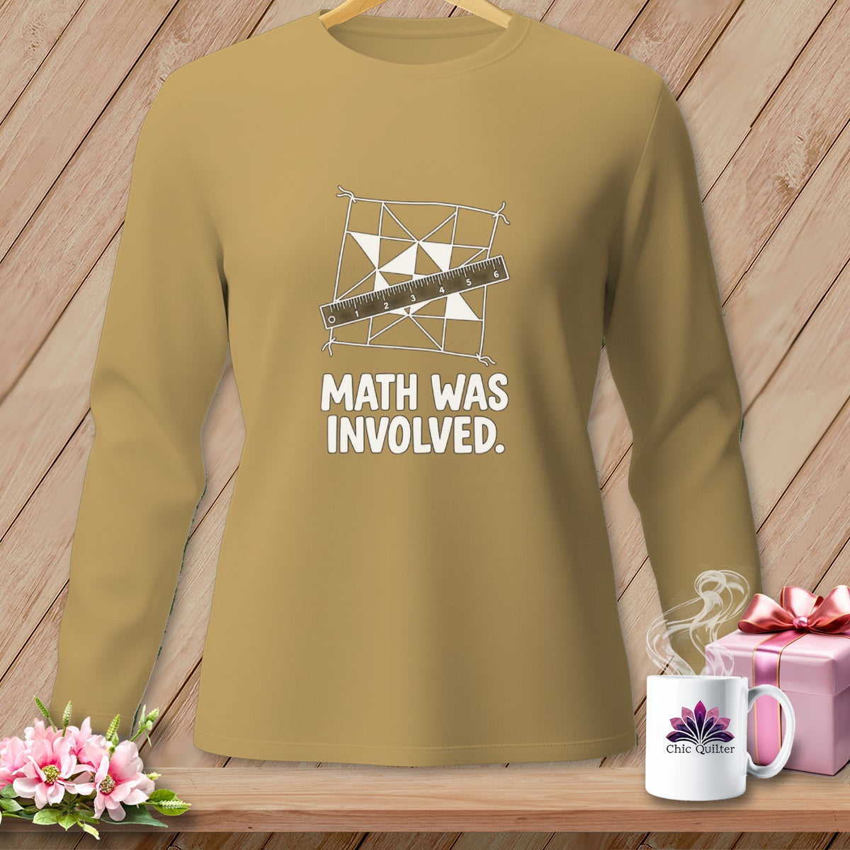 Tan long-sleeve shirt with quilt pattern graphic and "Math Was Involved" text.