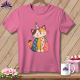 Pink t-shirt featuring a cute patchwork cat illustration wearing a thimble hat, displayed on wood.