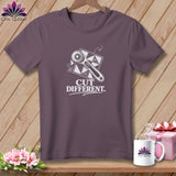 Purple t-shirt with rotary cutter and patchwork design, reads 