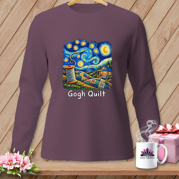 Long-sleeve shirt featuring a "Gogh Quilt" design with a spool of thread.