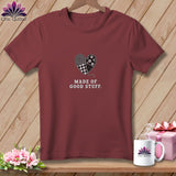 Maroon t-shirt with patchwork heart graphic and 