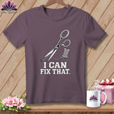T-shirt with scissors, thread, and text 