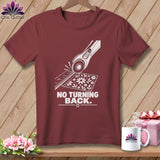 Maroon t-shirt graphic featuring a rotary cutter, ruler, fabric, and the text 