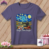 T-shirt with Van Gogh's Starry Night reimagined with a sewing machine and quilt.