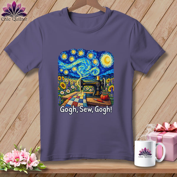 T-shirt with Van Gogh's Starry Night reimagined with a sewing machine and quilt.