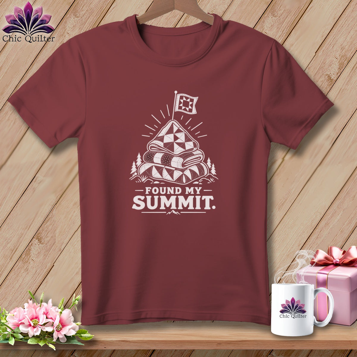 Maroon t-shirt with a stacked quilt graphic and "Found My Summit" text.