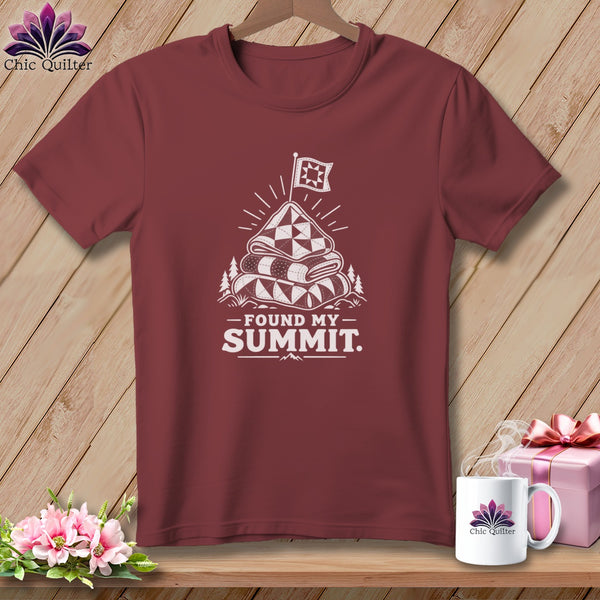 Maroon t-shirt with a stacked quilt graphic and "Found My Summit" text.