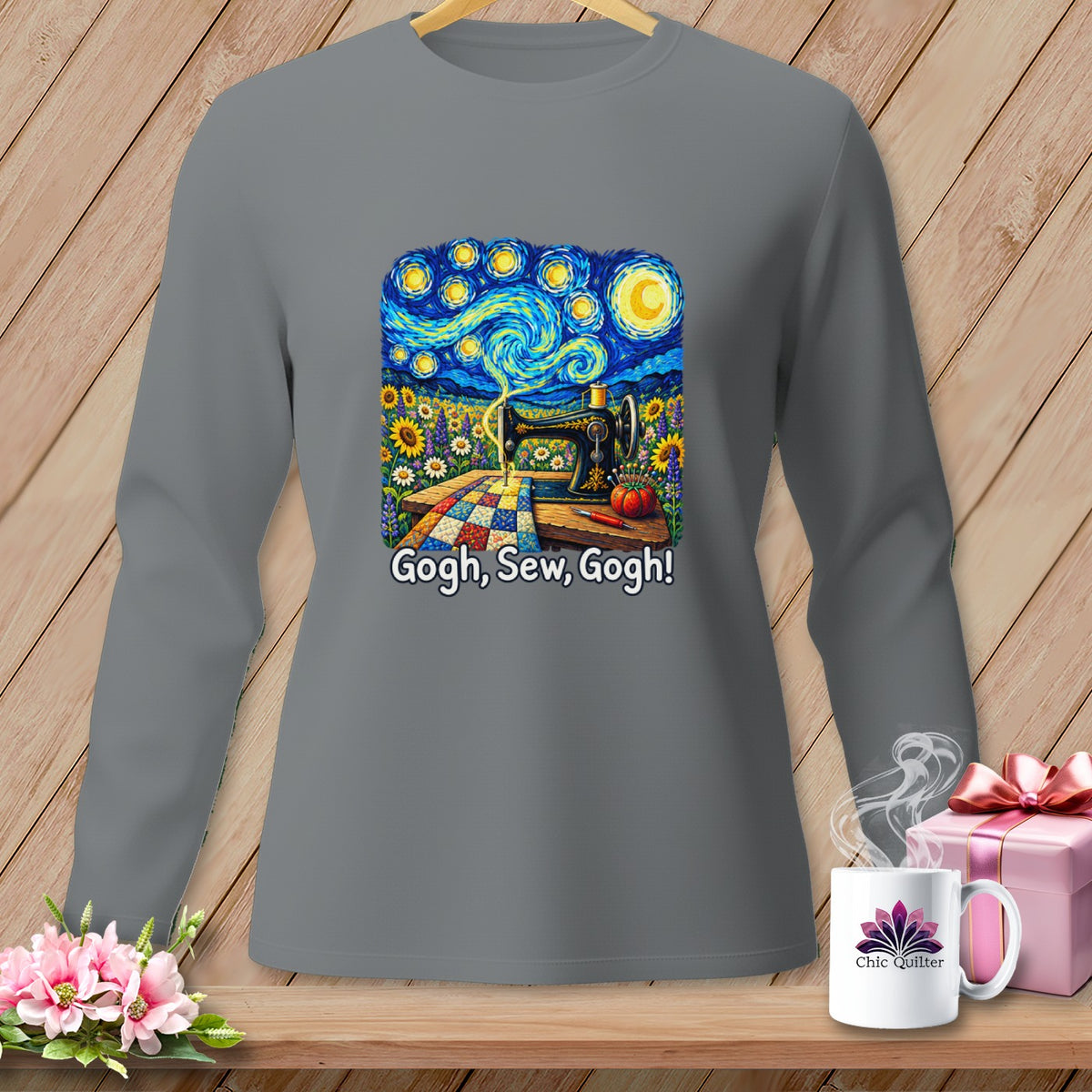 Long-sleeve shirt with a Van Gogh-style sewing design and text "Gogh, Sew, Gogh!".