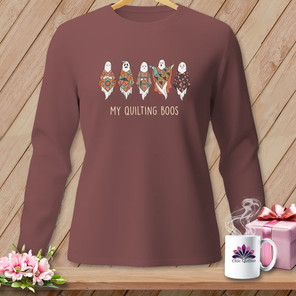 T-shirt with five cartoon ghosts in quilt-like patterns and text "MY QUILTING BOOS".
