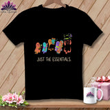 Black t-shirt with colorful ghosts holding sewing supplies and text 
