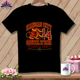 Black t-shirt displaying a Kansas City Quilter graphic with a spool of red and yellow thread.