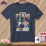 Franken-stitch It's Alive! sewing machine graphic t-shirt with ghosts.