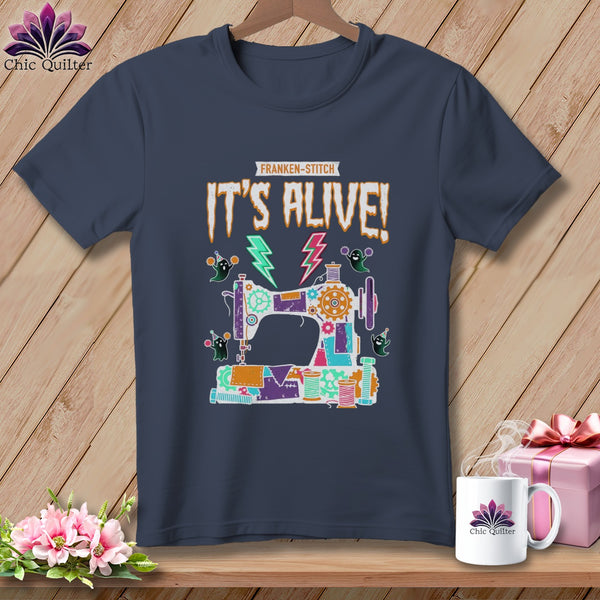 Franken-stitch It's Alive! sewing machine graphic t-shirt with ghosts.