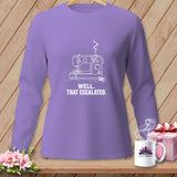 Purple long-sleeve shirt with a white line drawing of a sewing machine and the text 