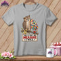 Gray t-shirt with an owl wearing glasses and a patchwork wing, holding a measuring tape.