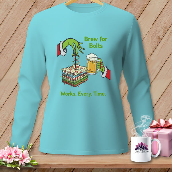 Grinch hands hold fabric stack and beer, text reads "Brew for Bolts Works. Every. Time."