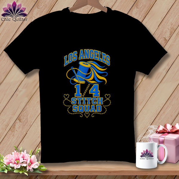 Black crewneck t-shirt with blue and yellow Los Angeles 1/4 Stitch Squad embroidery on the chest.
