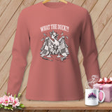 Dusty rose long-sleeve t-shirt with a humorous duck graphic and text reading WHAT THE DUCK?!