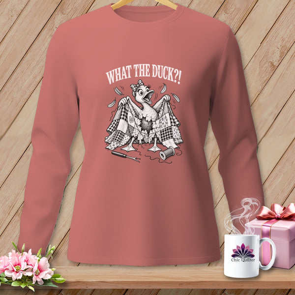 Dusty rose long-sleeve t-shirt with a humorous duck graphic and text reading WHAT THE DUCK?!