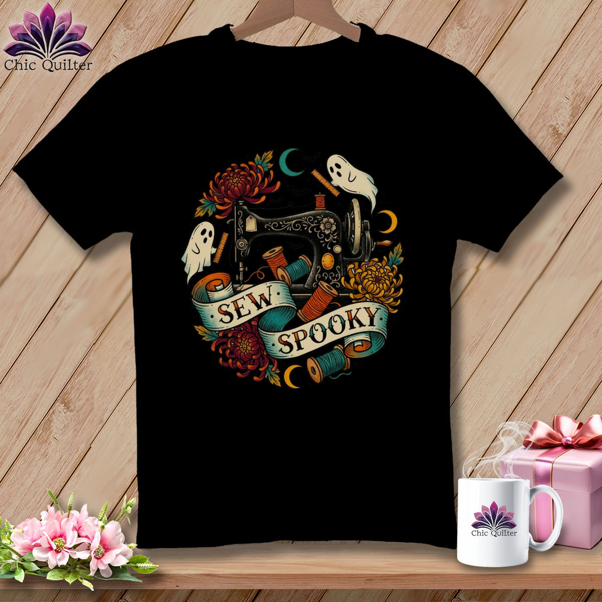 Black t-shirt with vintage sewing machine, ghosts, and "Sew Spooky" text.