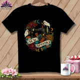 Black t-shirt with vintage sewing machine, ghosts, and 