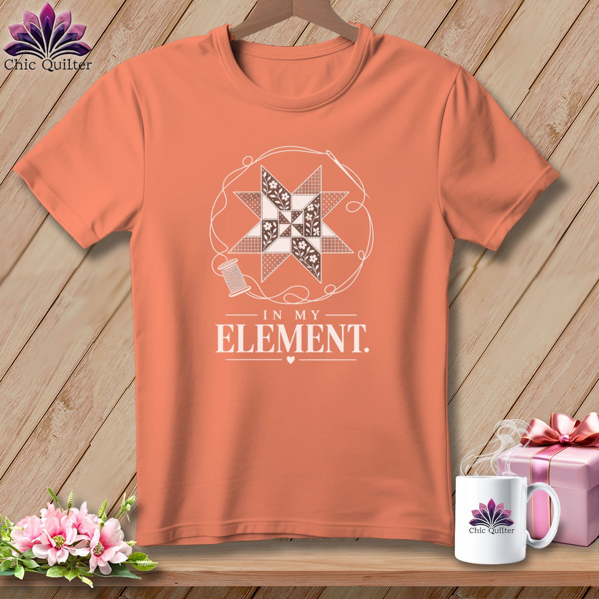 Peach t-shirt with quilting block graphic and "In My Element" text.