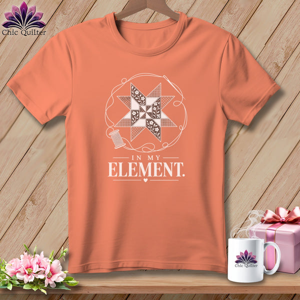 Peach t-shirt with quilting block graphic and "In My Element" text.