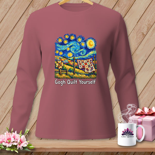 Long sleeve shirt with a quilt-themed "Starry Night" design and "Gogh Quilt Yourself" text.