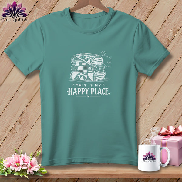 Teal t-shirt with stacked quilts and "This is my happy place" text graphic.