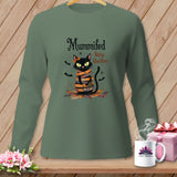 Mummified Strip Quilter graphic on a long-sleeve shirt featuring a black cat.