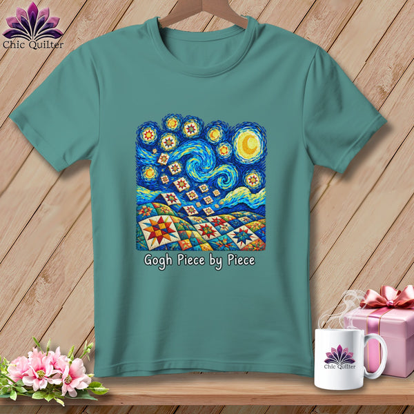 Teal t-shirt with "Starry Night" design featuring quilted stars and text "Gogh Piece by Piece".