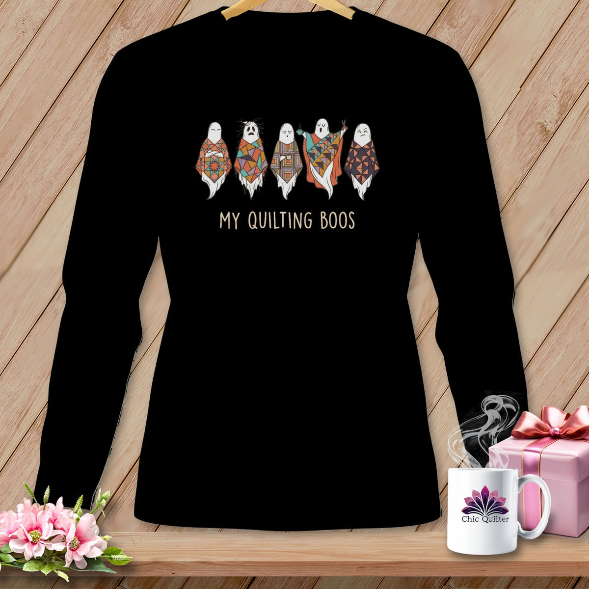 Black long sleeve shirt with five quilted ghosts and "My Quilting Boos" text.