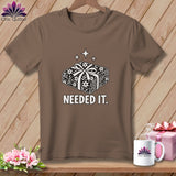 Brown t-shirt with a black and white graphic of folded fabric and the text 