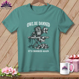 T-shirt with an owl ironing crooked quilt pieces, text 