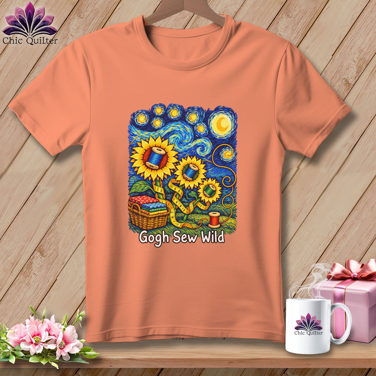Peach t-shirt with Van Gogh-style sunflowers, sewing notions, and "Gogh Sew Wild" text.