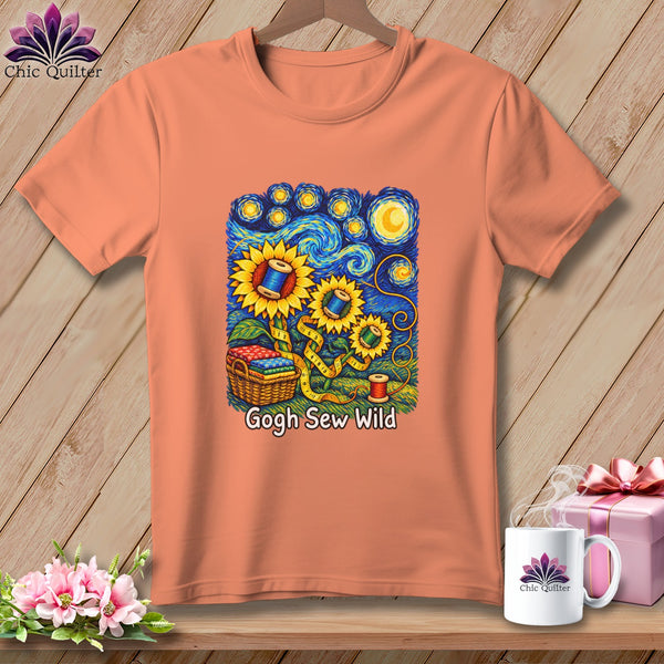 Peach t-shirt with Van Gogh-style sunflowers, sewing notions, and "Gogh Sew Wild" text.