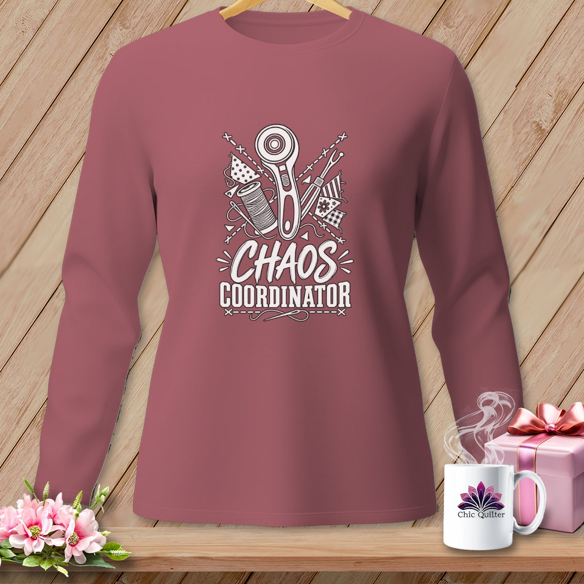 Long sleeve shirt with quilting tools and "Chaos Coordinator" text.