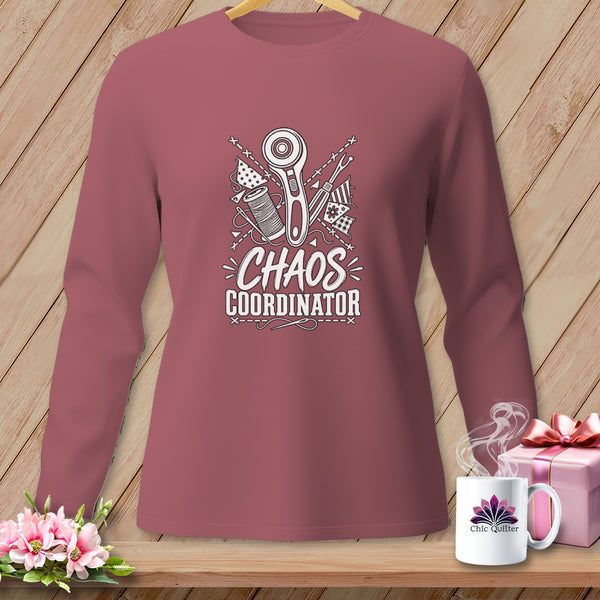 Long sleeve shirt with quilting tools and "Chaos Coordinator" text.