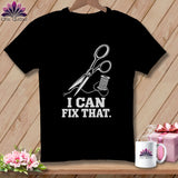Black t-shirt with white scissors, thread, and text 