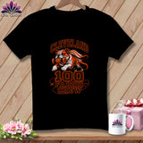 A black t-shirt featuring a bulldog graphic holding a spool of thread and the text 