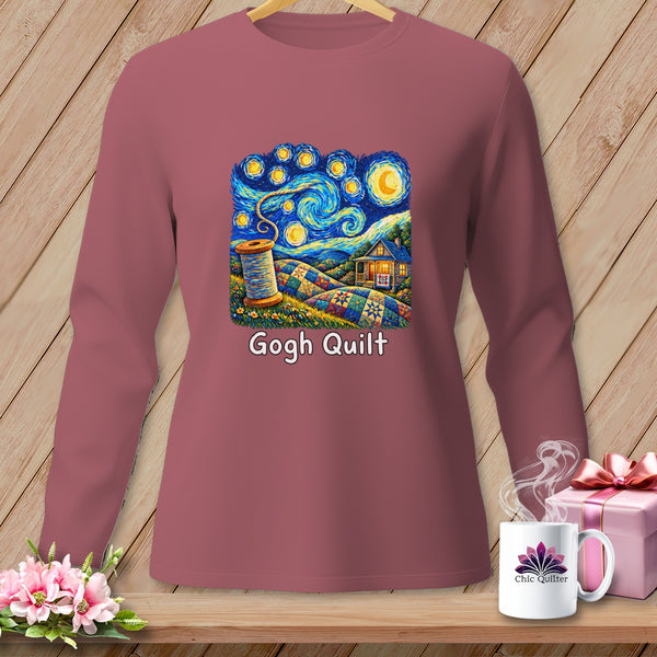 Rose long-sleeve shirt with "Gogh Quilt" graphic of Van Gogh's Starry Night and a spool of thread.