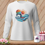 White long-sleeve shirt with a sewing machine, yarn, sun, and waves graphic.