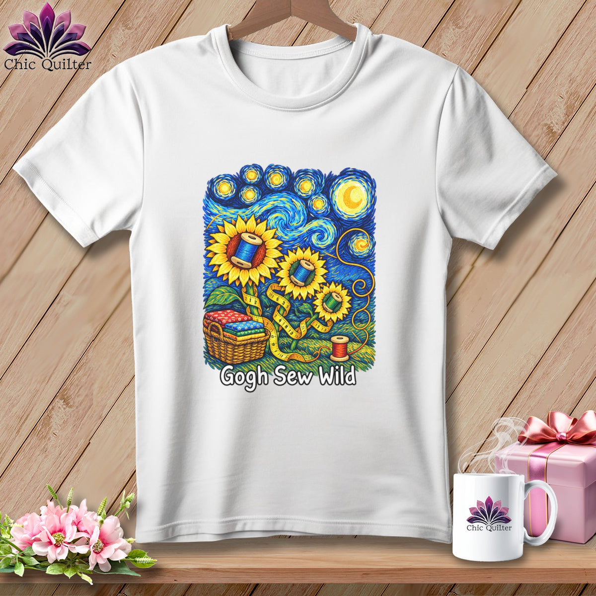 White t-shirt with sunflowers, sewing basket, and "Gogh Sew Wild" text.