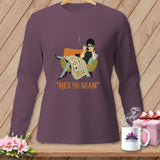 Long-sleeve shirt with a graphic of a woman and cat under the text 