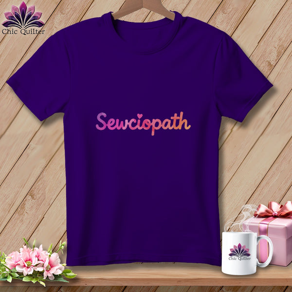 Purple t-shirt with "Sewciopath" text, mug, gift, and flowers.
