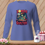 Zombie Quilter graphic on a purple long-sleeve shirt with moon, bats, and owl.